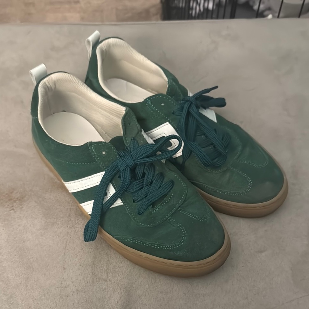 Green Sneakers with White Stripes